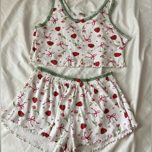White Strawberry Print Crop Tank & Shorts Sleep Set